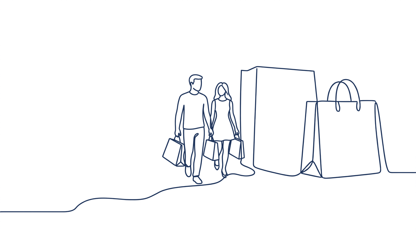 Continuous-line drawing of two people walking together carrying shopping bags.